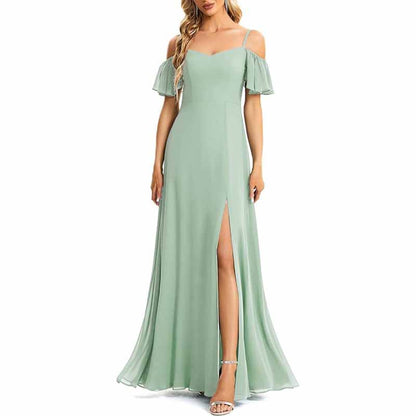 Women's Off Shoulder Short Sleeve Split A-Line Floor Length Bridesmaid Dresses
