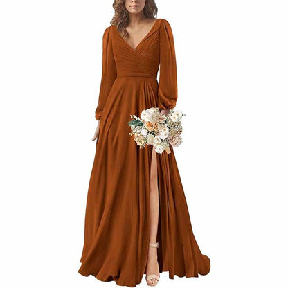Long Sleeve Chiffon Bridesmaid Dresses V-Neck Long Evening Dress Formal Gown