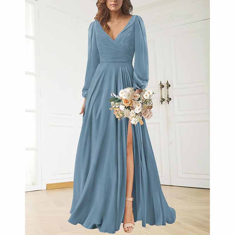 Long Sleeve Chiffon Bridesmaid Dresses V-Neck Long Evening Dress Forma SD Dresscode & Fashiontrends Long Sleeve Chiffon Bridesmaid Dresses V-Neck Long Evening Dress Forma SD Dresscode & Fashiontrends