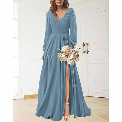 Long Sleeve Chiffon Bridesmaid Dresses V-Neck Long Evening Dress Formal Gown