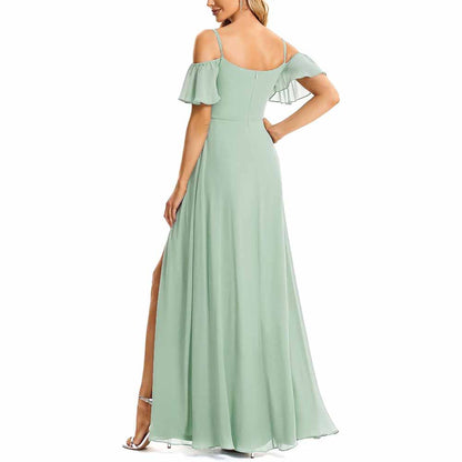 Women's Off Shoulder Short Sleeve Split A-Line Floor Length Bridesmaid Dresses