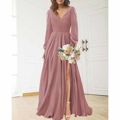 Long Sleeve Chiffon Bridesmaid Dresses V-Neck Long Evening Dress Formal Gown