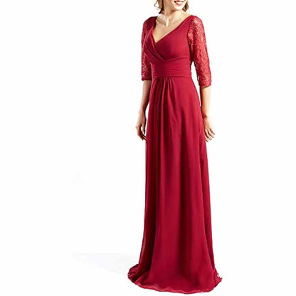 Women Bridesmaid Dress V Neck 3/4 Sleeves Long Wedding Party Mother Bride Dresses Gown