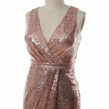 Women Sequin V Neck Wrap Long Bridesmaid Dresses Wedding Prom Gown