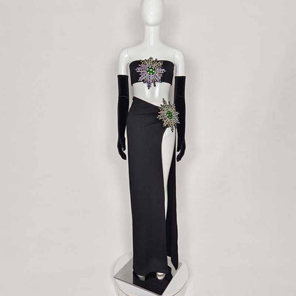 Women Two Pieces Diamonded Event Dress With Gloves Black Club Skirt Suit