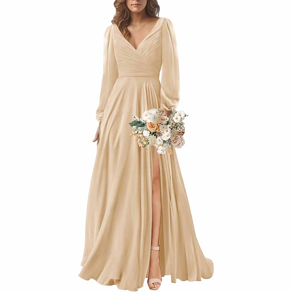 Long Sleeve Chiffon Bridesmaid Dresses V-Neck Long Evening Dress Forma SD Dresscode & Fashiontrends Long Sleeve Chiffon Bridesmaid Dresses V-Neck Long Evening Dress Forma SD Dresscode & Fashiontrends