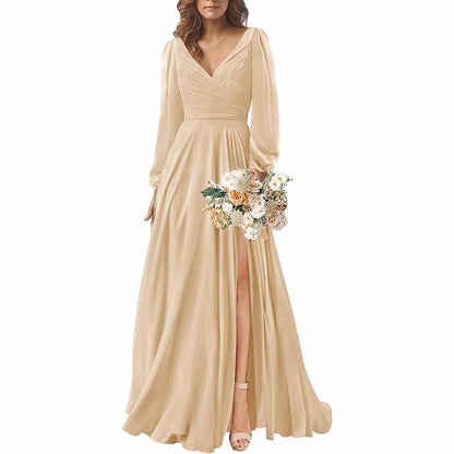 Long Sleeve Chiffon Bridesmaid Dresses V-Neck Long Evening Dress Formal Gown