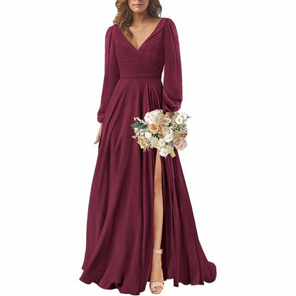 Long Sleeve Chiffon Bridesmaid Dresses V-Neck Long Evening Dress Formal Gown