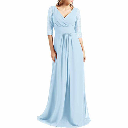 Women Bridesmaid Dress V Neck 3/4 Sleeves Long Wedding Party Mother Bride Dresses Gown