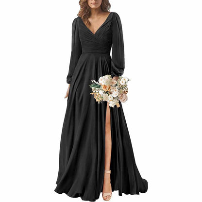 Long Sleeve Chiffon Bridesmaid Dresses V-Neck Long Evening Dress Formal Gown
