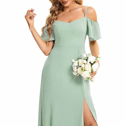 Women's Off Shoulder Short Sleeve Split A-Line Floor Length Bridesmaid Dresses