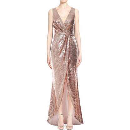 Women Sequin V Neck Wrap Long Bridesmaid Dresses Wedding Prom Gown