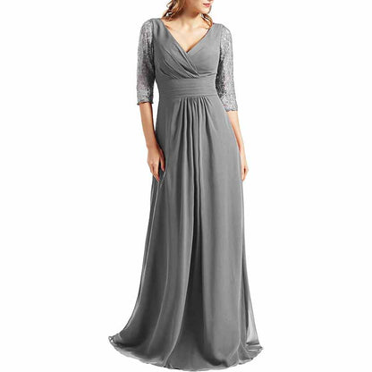 Women Bridesmaid Dress V Neck 3/4 Sleeves Long Wedding Party Mother Bride Dresses Gown