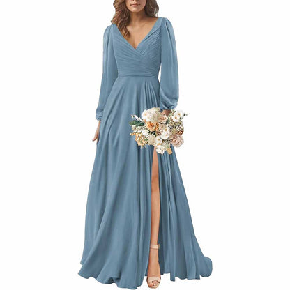 Long Sleeve Chiffon Bridesmaid Dresses V-Neck Long Evening Dress Formal Gown