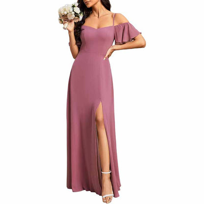 Women's Off Shoulder Short Sleeve Split A-Line Floor Length Bridesmaid Dresses
