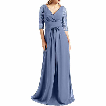 Women Bridesmaid Dress V Neck 3/4 Sleeves Long Wedding Party Mother Bride Dresses Gown