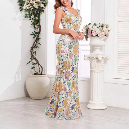 Floral Sequin Wedding Guest Dress Long Evening Dress Sleeveless V Neck Prom Dress