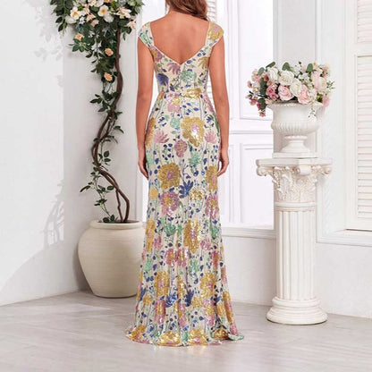 Floral Sequin Wedding Guest Dress Long Evening Dress Sleeveless V Neck Prom Dress