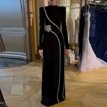 Women's Mock-Neck Black Beaded Formal Dresses Long Prom Dress