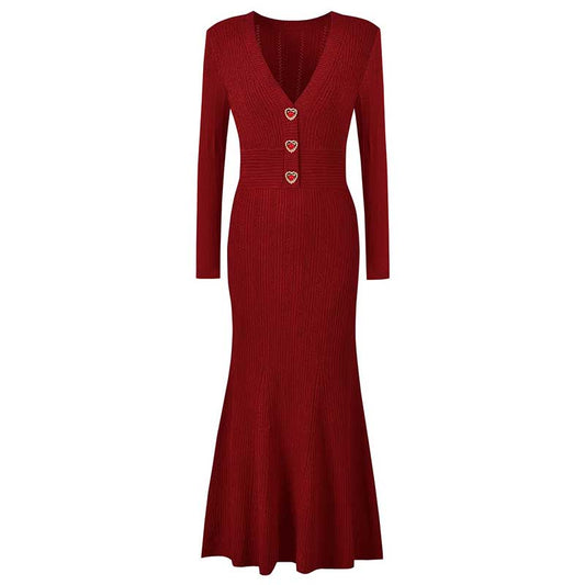 Red V-Neck Long Sleeves Midi Knitted Dress Bodycon Dress