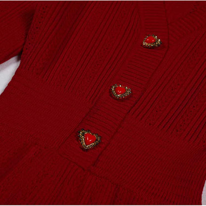 Red V-Neck Long Sleeves Mini Knitted Dress Short A-Line Dress