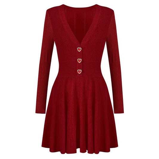 Red V-Neck Long Sleeves Mini Knitted Dress Short A-Line Dress