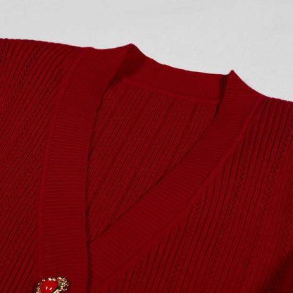 Red V-Neck Long Sleeves Midi Knitted Dress Bodycon Dress