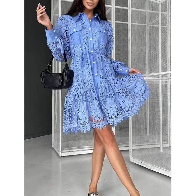 Long Sleeve Hollow Out Lace Knee Length Dress Lace Up Callared Dress