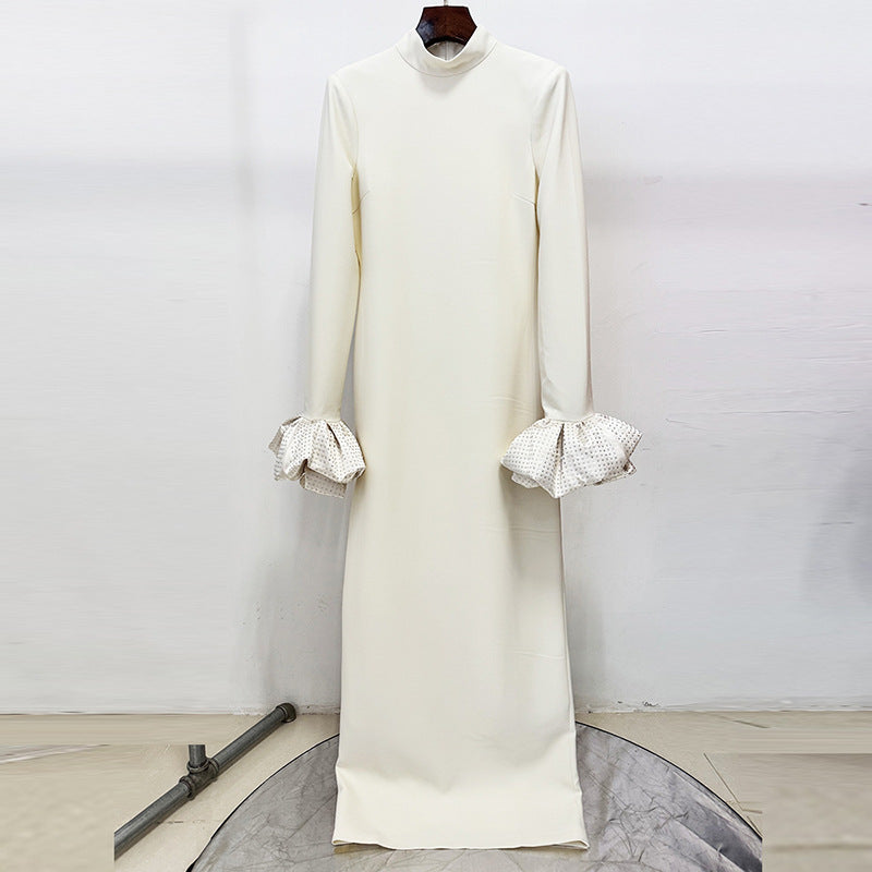 High-neck Maxi Dress With Ruffled Crystal-embellished Sleeves
