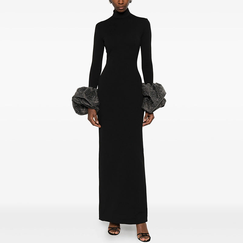 High-neck Maxi Dress With Ruffled Crystal-embellished Sleeves