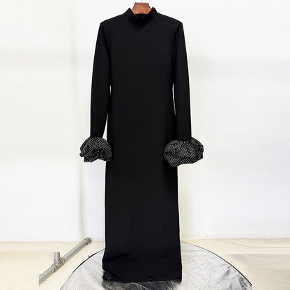 High-neck Maxi Dress With Ruffled Crystal-embellished Sleeves