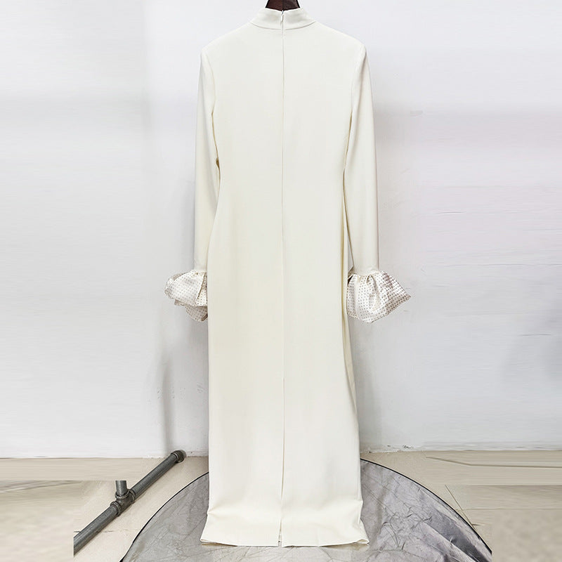 High-neck Maxi Dress With Ruffled Crystal-embellished Sleeves