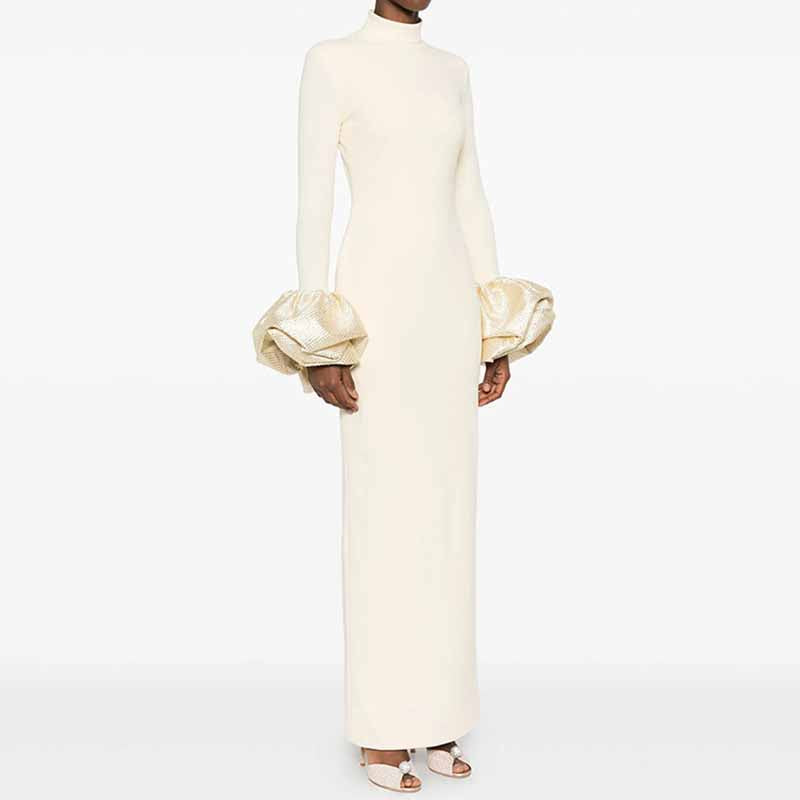 High-neck Maxi Dress With Ruffled Crystal-embellished Sleeves