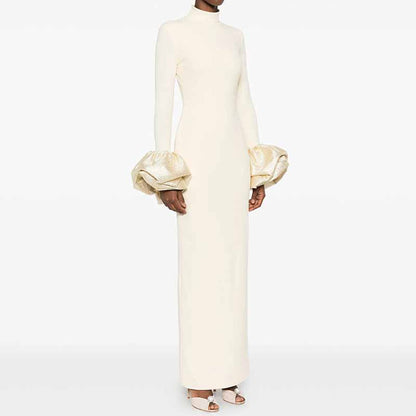 High-neck Maxi Dress With Ruffled Crystal-embellished Sleeves