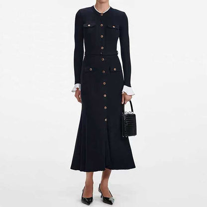 Long Sleeve Round-Neck Knit Dress Long