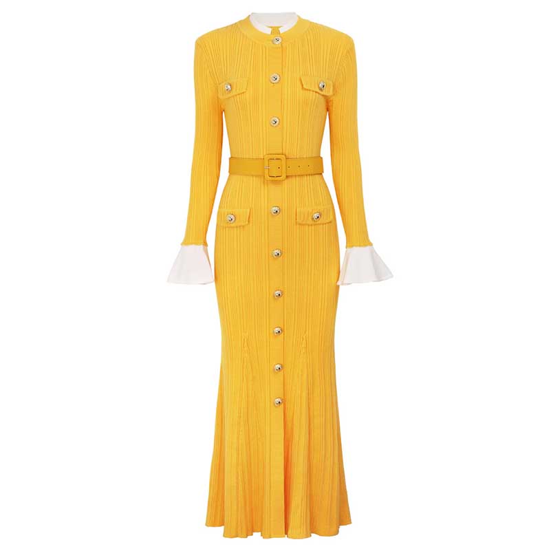 Long Sleeve Round-Neck Knit Dress Long