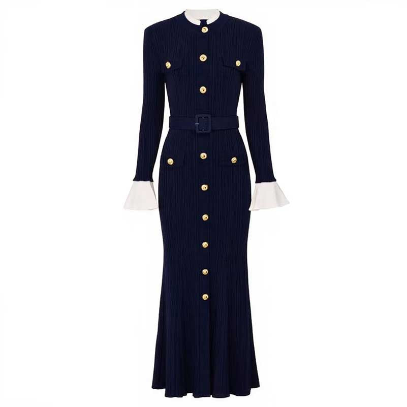 Long Sleeve Round-Neck Knit Dress Long