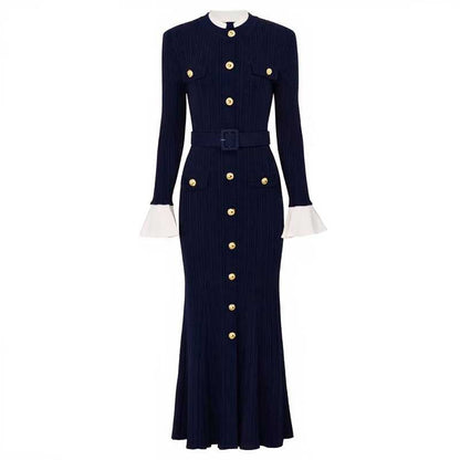 Long Sleeve Round-Neck Knit Dress Long