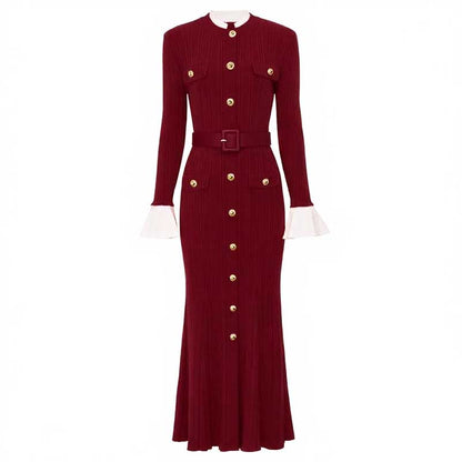 Long Sleeve Round-Neck Knit Dress Long