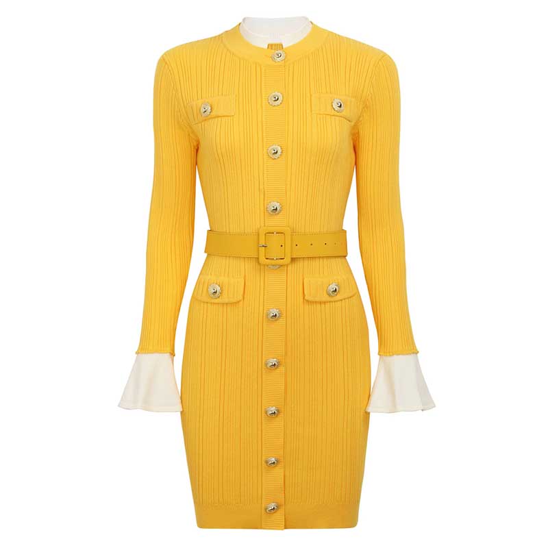 Long Sleeve Round-Neck Knit Dress Short