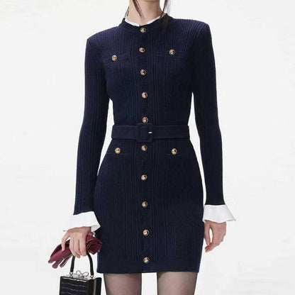 Long Sleeve Round-Neck Knit Dress Short