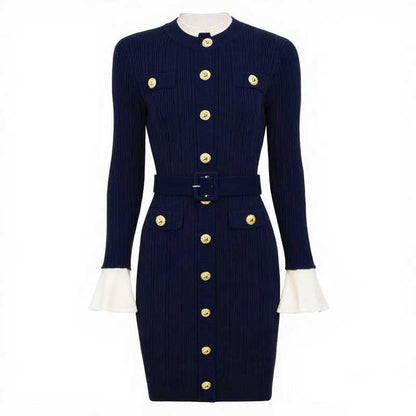 Long Sleeve Round-Neck Knit Dress Short