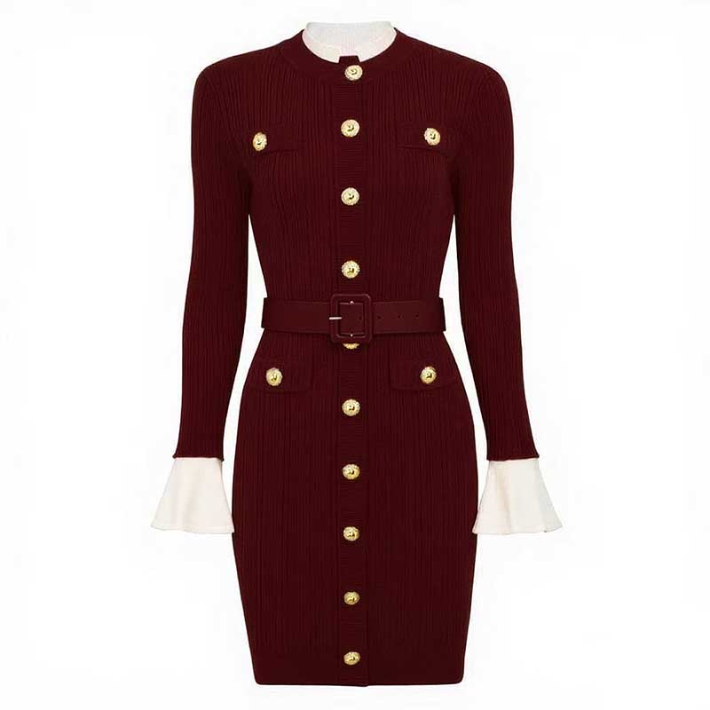 Long Sleeve Round-Neck Knit Dress Short