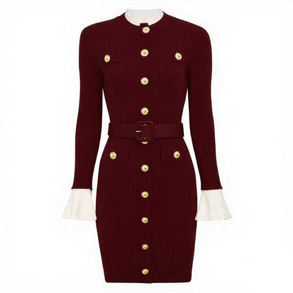 Long Sleeve Round-Neck Knit Dress Short