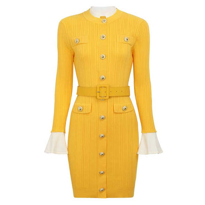 Long Sleeve Round-Neck Knit Dress Short