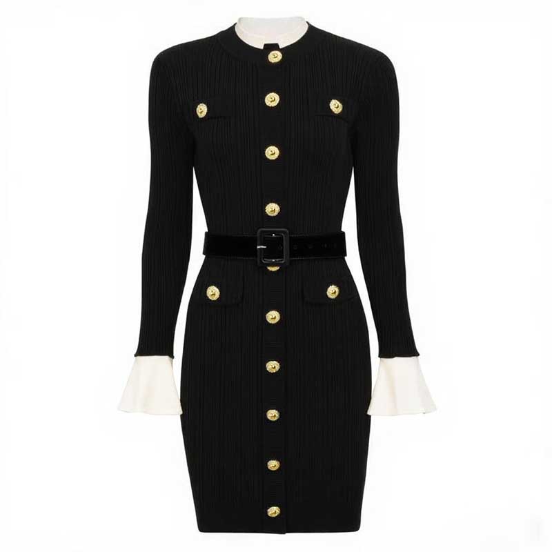 Long Sleeve Round-Neck Knit Dress Short