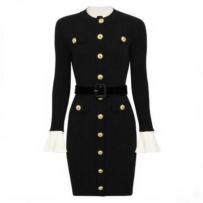 Long Sleeve Round-Neck Knit Dress Short