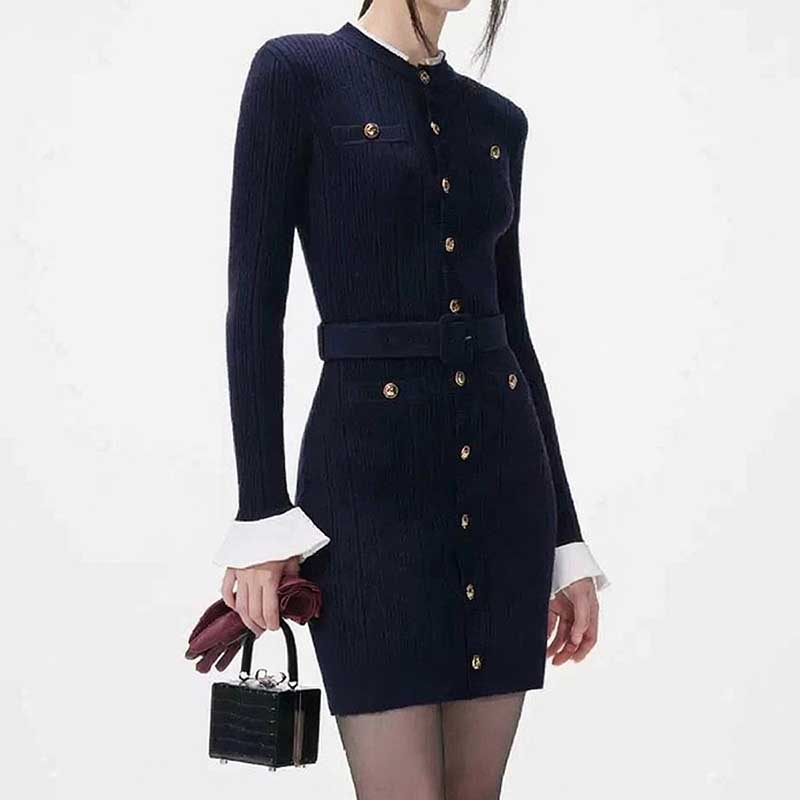 Long Sleeve Round-Neck Knit Dress Short