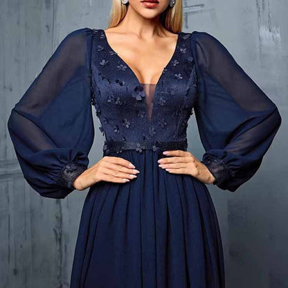 Deep Blue Puff Sleeve Long Dress – V Neck Applique Detail Evening Gown