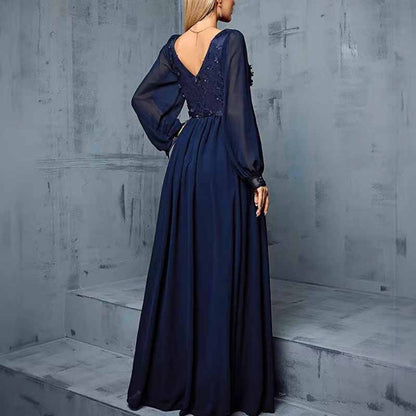 Deep Blue Puff Sleeve Long Dress – V Neck Applique Detail Evening Gown